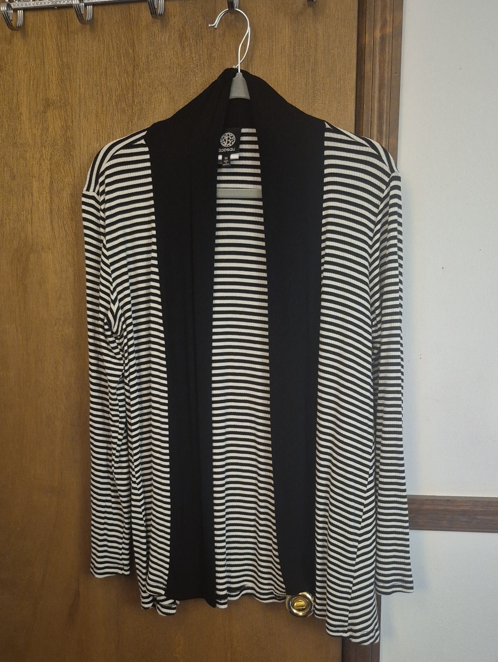 bobeau Black and White Striped Open Cardigan